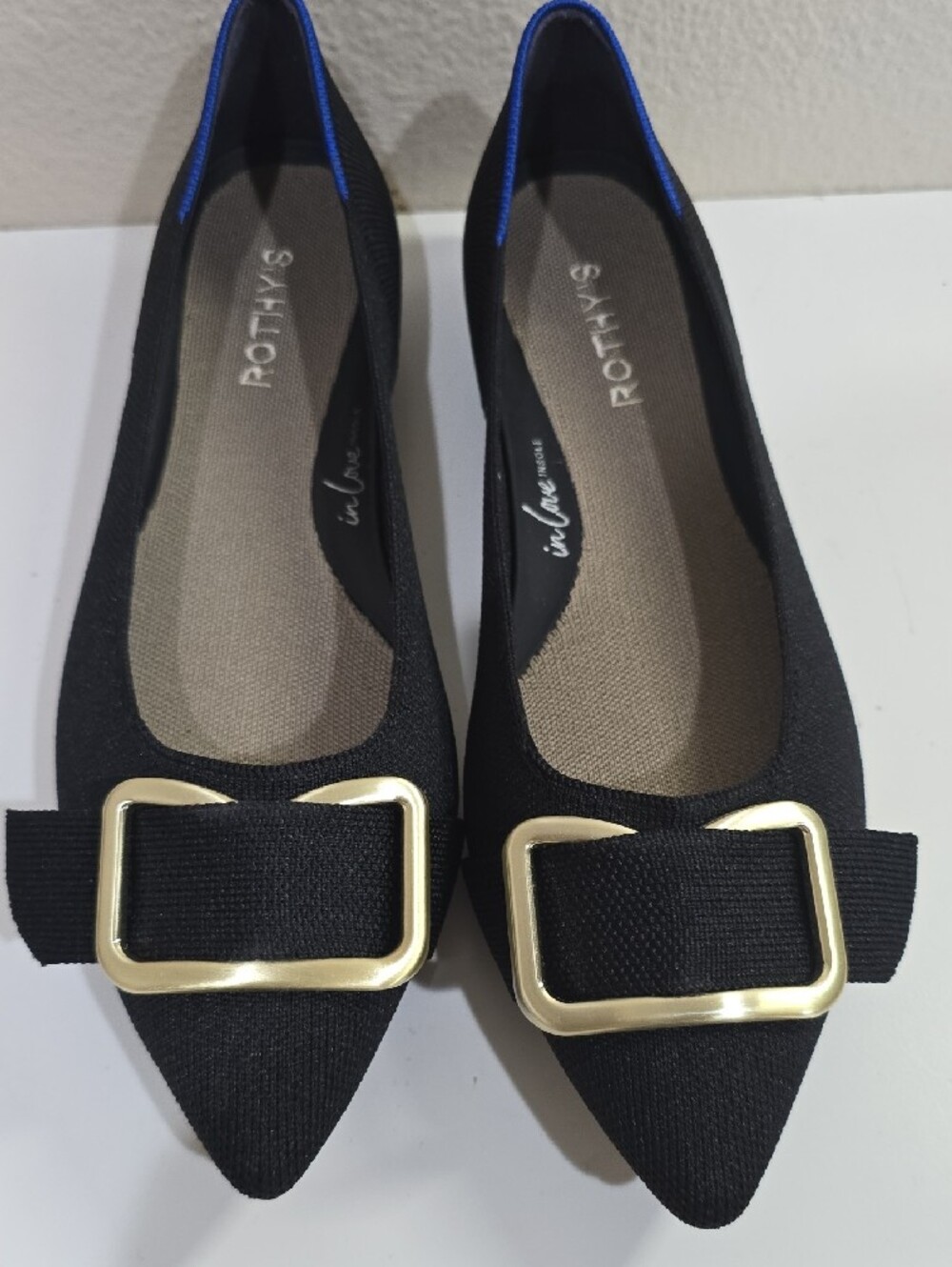Rothy's Black Pointed Flats with Gold Buckle Accent - Picture 3 of 8